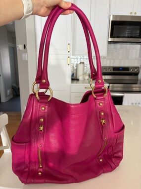 Mila Paoli Pink Leather Shoulder Tote with Gold Hardware